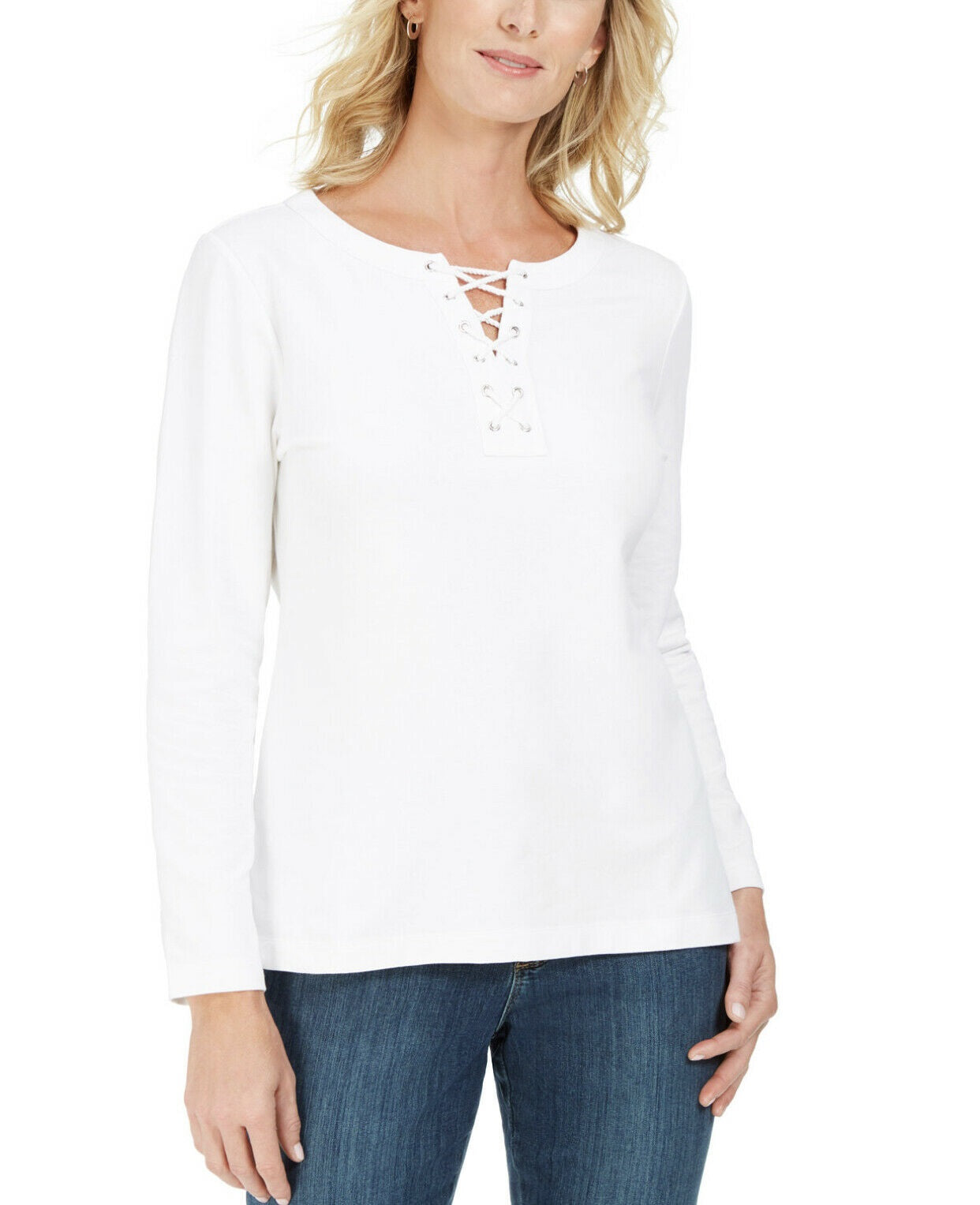 Karen Scott Women's  Lace-Up French Terry Sweatshirt White Size Medium