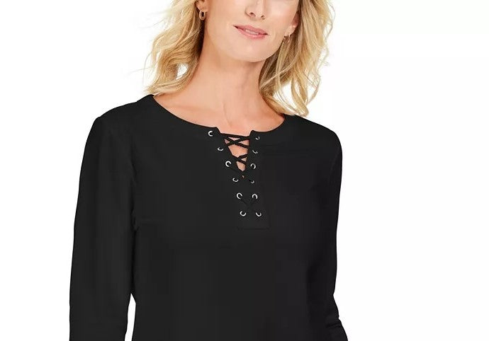 Karen Scott Women's Lace-Up French Terry Sweatshirt Black Size XX Large
