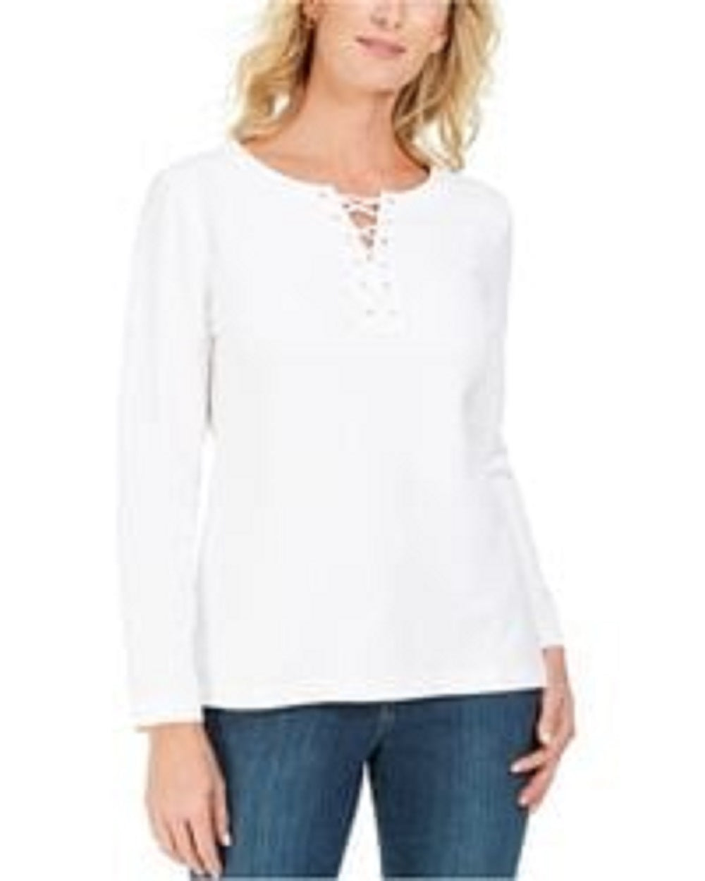 Karen Scott Women's Lace-Up French Terry Sweatshirt White Size Large