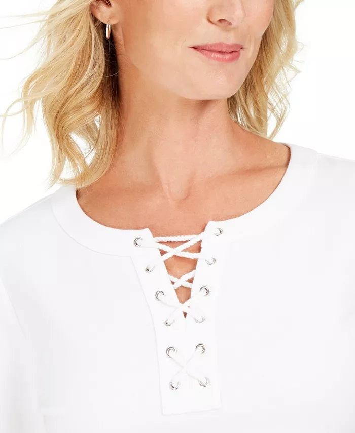 Karen Scott Women's Lace-Up French Terry Sweatshirt White Size X-Large
