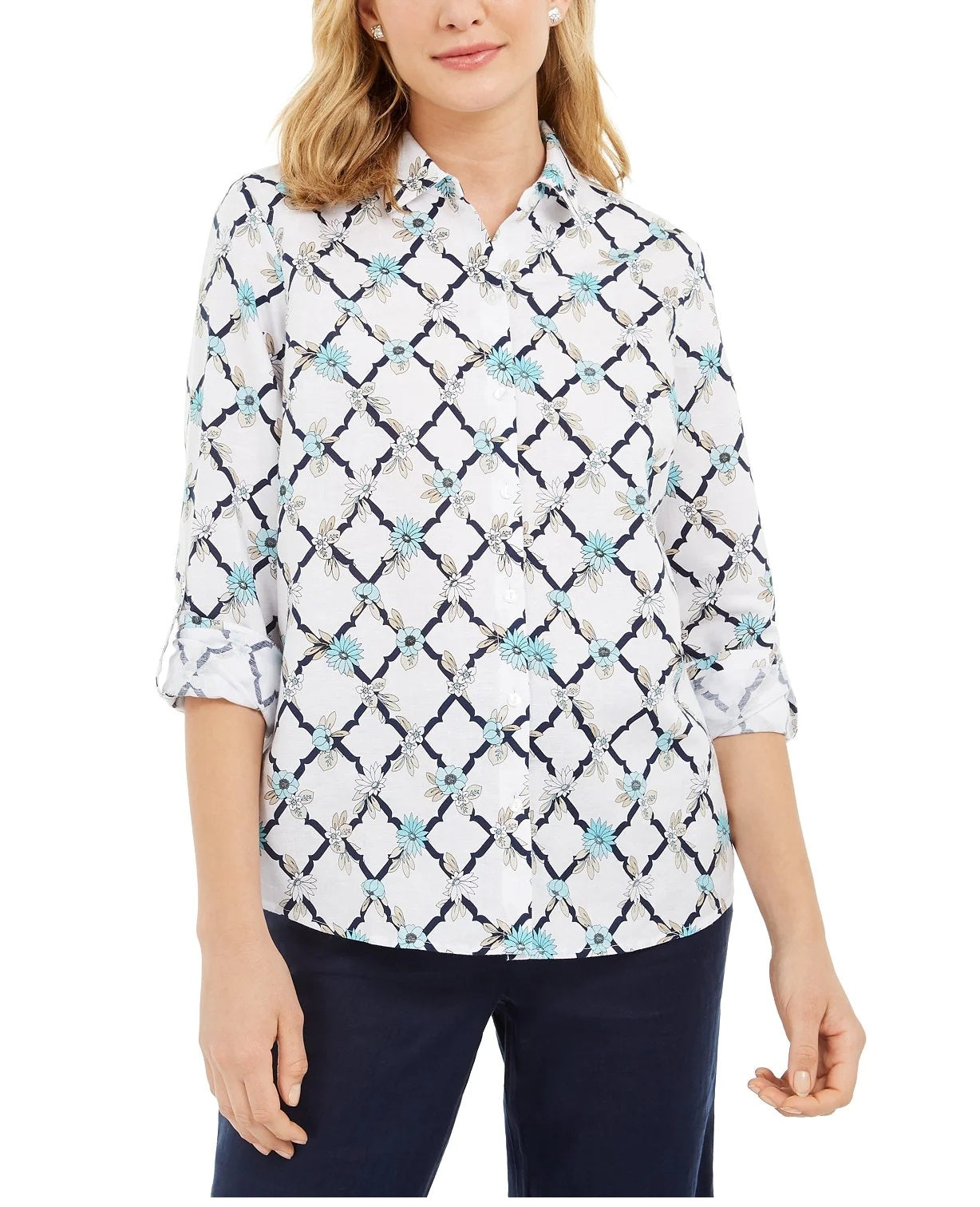Charter Club Women's Printed Linen-Blend Shirt White Size Large