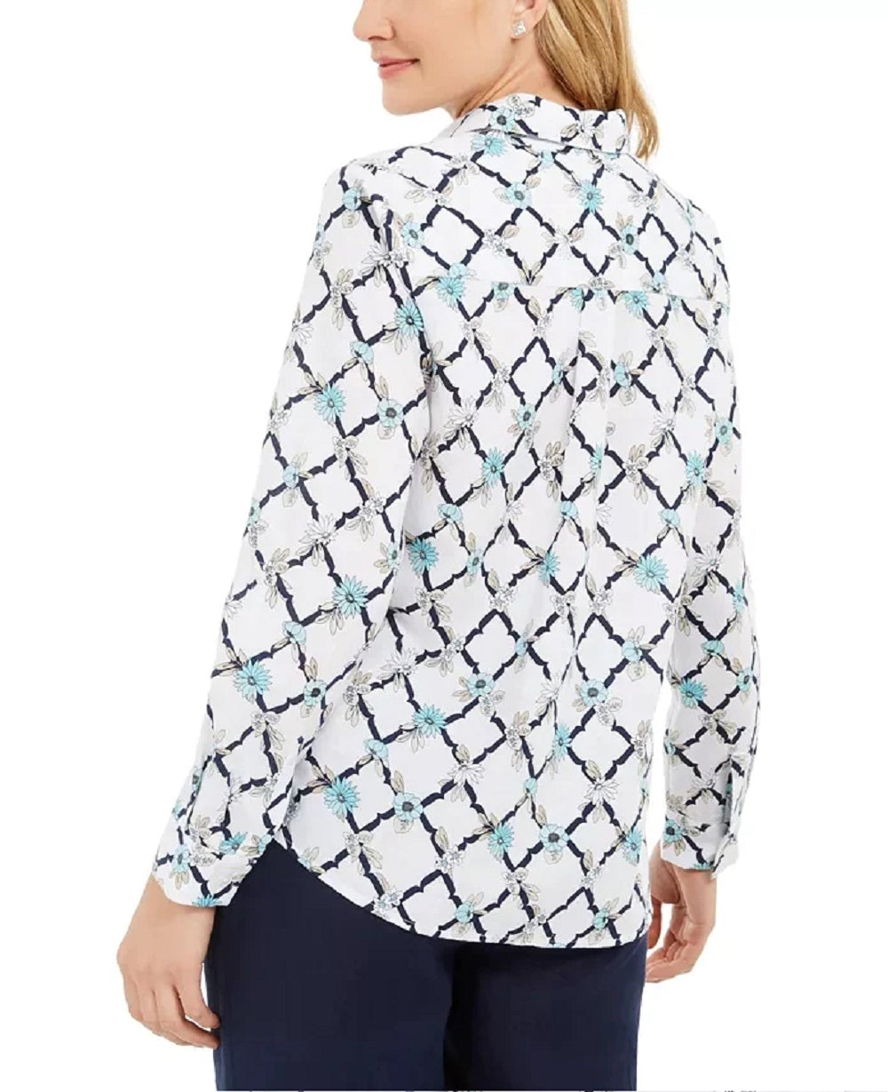 Charter Club Women's Printed Linen-Blend Shirt White Size Large