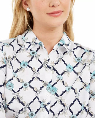 Charter Club Women's Printed Linen-Blend Shirt White Size Medium