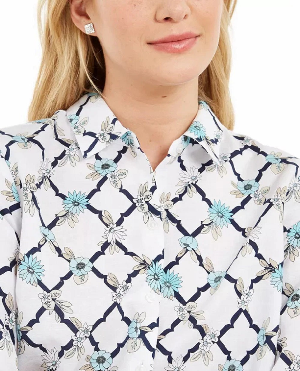 Charter Club Women's Printed Linen-Blend Shirt White Size Small