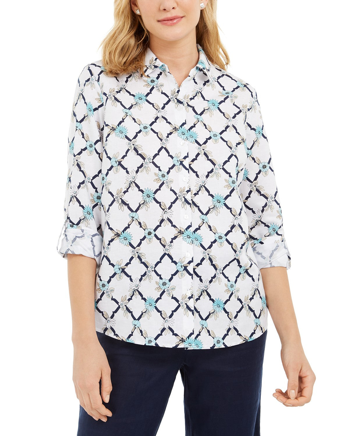 Charter Club Women's Printed Linen-Blend Shirt White Size X-Large