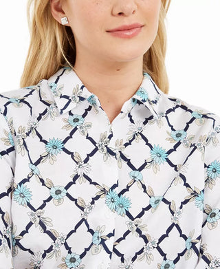 Charter Club Women's Printed Linen-Blend Shirt White Size 2 Extra Large