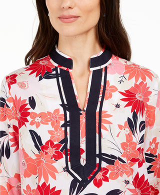 Charter Club Women's Contrast-Trim Printed Linen-Blend Top Red Size X-Small