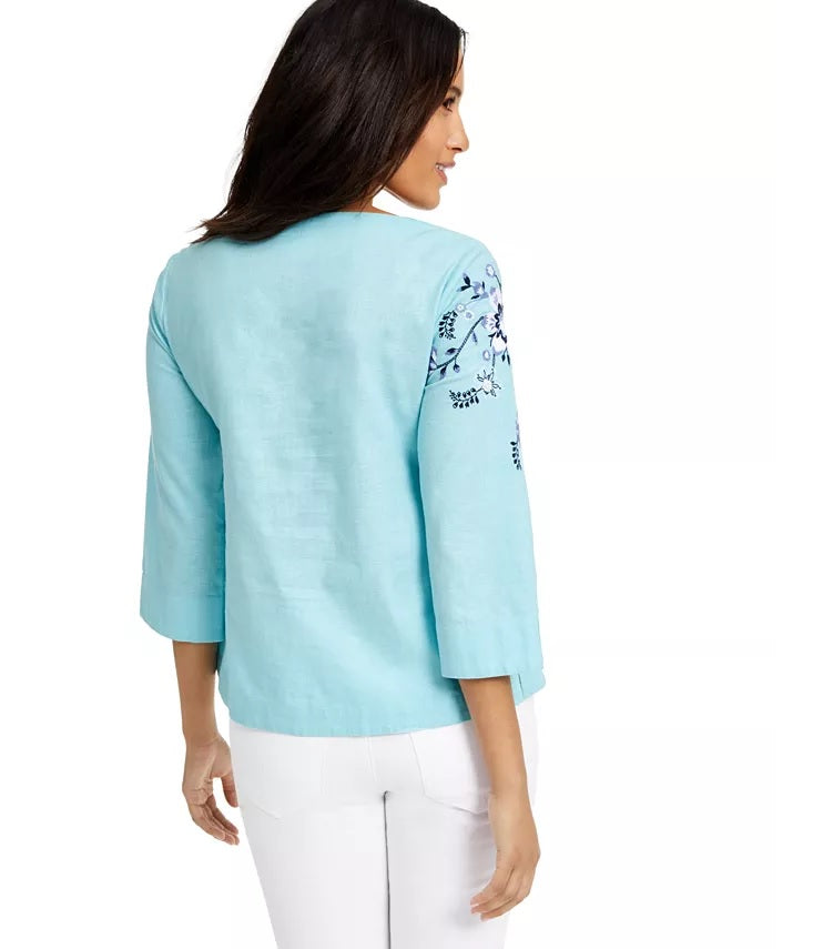 Charter Club Women's Floral-Embroidery Linen-Blend Top Blue Size Extra Large