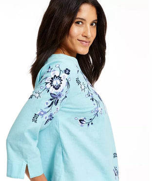 Charter Club Women's Floral-Embroidery Linen-Blend Top Blue Size Extra Large