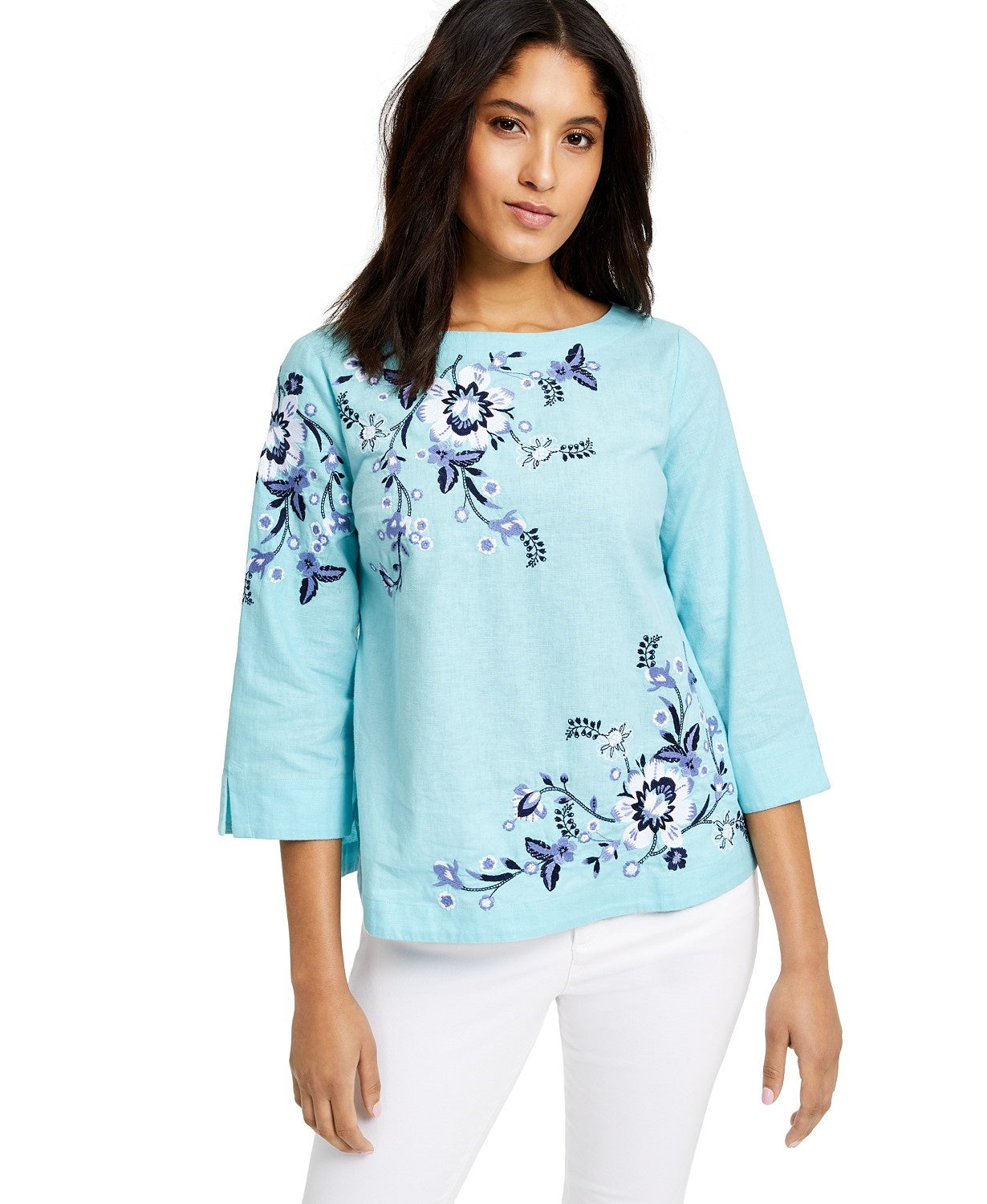 Charter Club Women's Floral-Embroidery Linen-Blend Top Blue Size Small