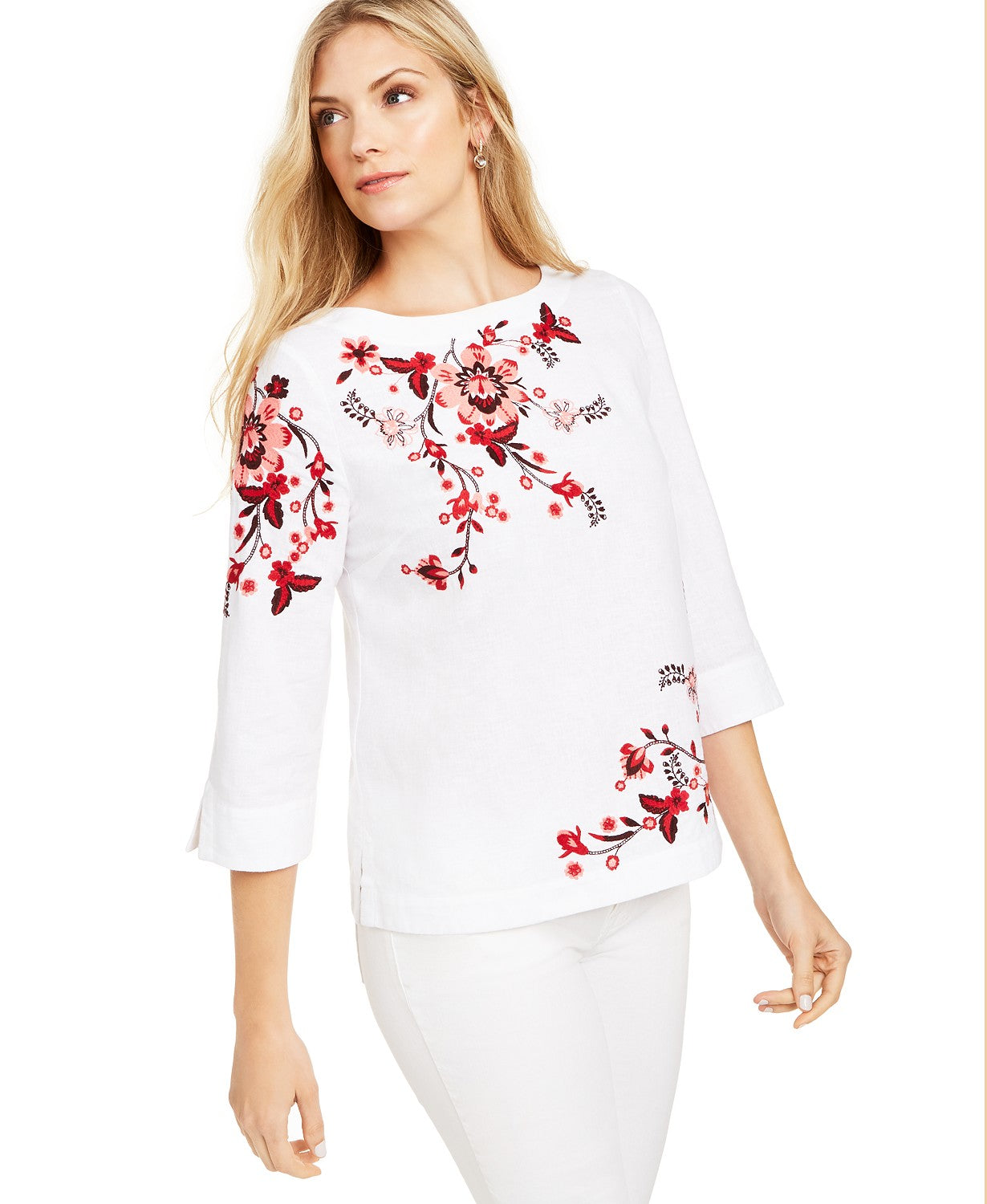 Charter Club Women's Embroidered Split-Sleeve Top  White Size Medium