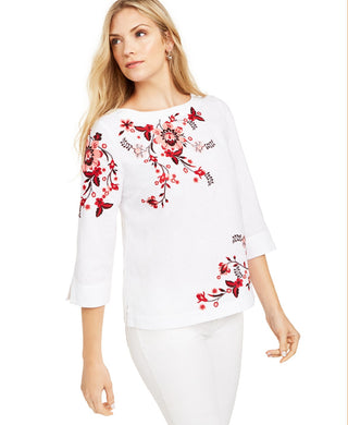 Charter Club Women's Embroidered Split-Sleeve Top  White Size Medium