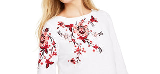 Charter Club Women's Embroidered Split-Sleeve Top  White Size Medium