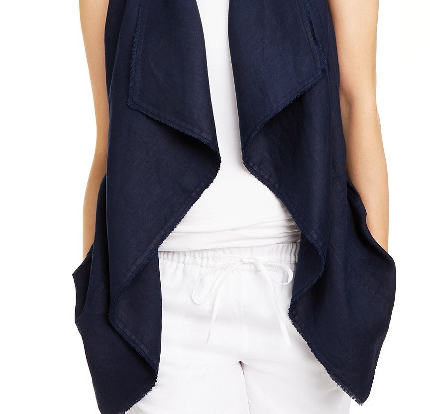 Charter Club Women's Frayed-Trim Linen-Blend Draped Vest  Blue Size Extra Large