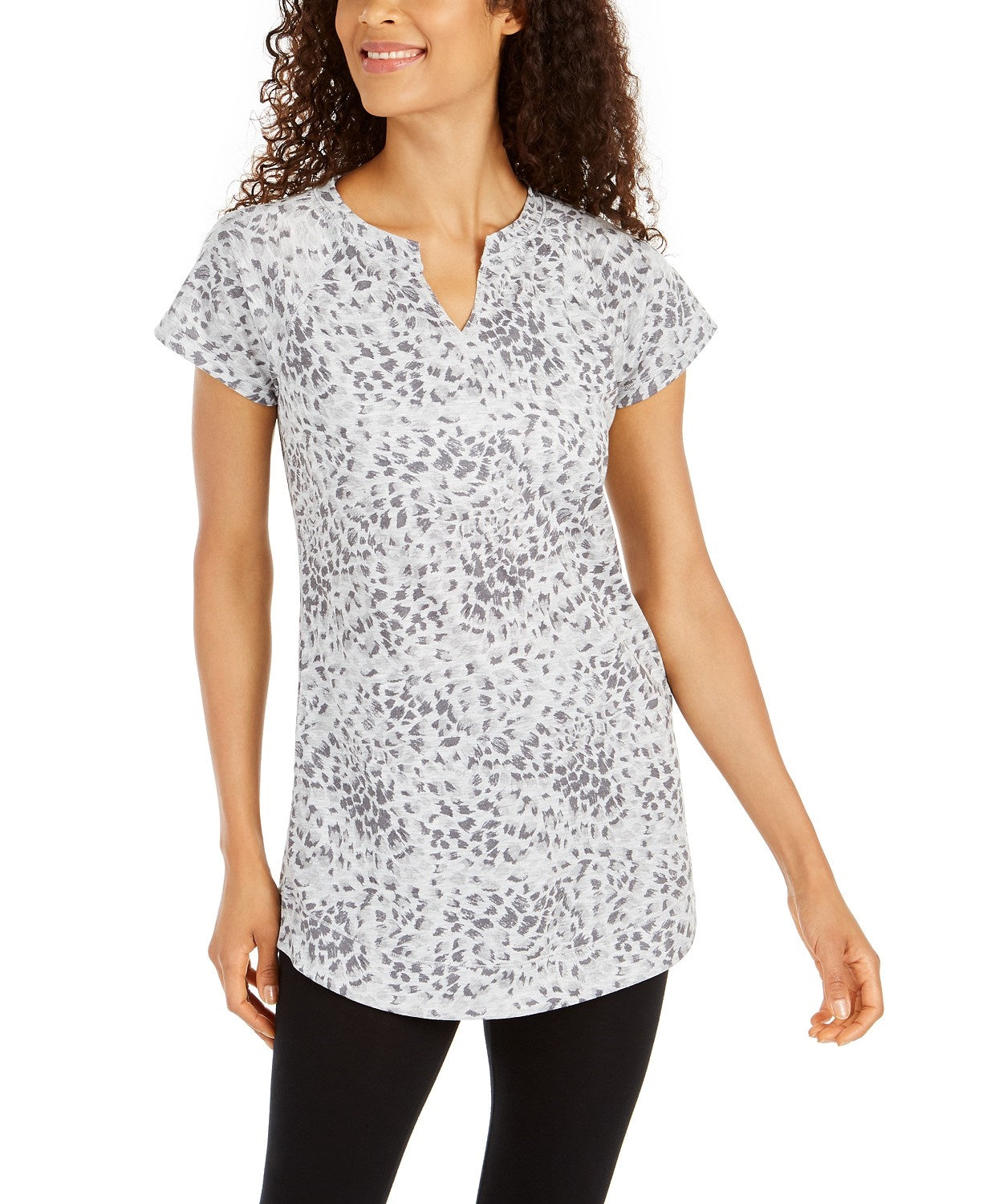 Ideology Women's Printed Split-Neck Tunic Gray Size X-Small