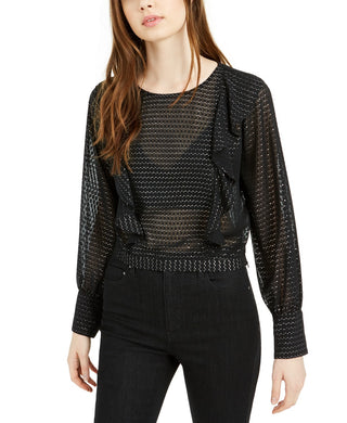Bar III Women's Ruffled Metallic-Dot Blouson-Sleeve Top  Black Size Extra Small