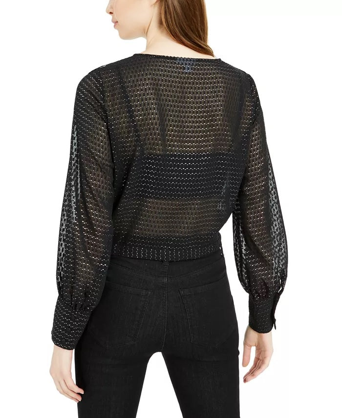 Bar III Women's Ruffled Metallic-Dot Blouson-Sleeve Top  Black Size Extra Small