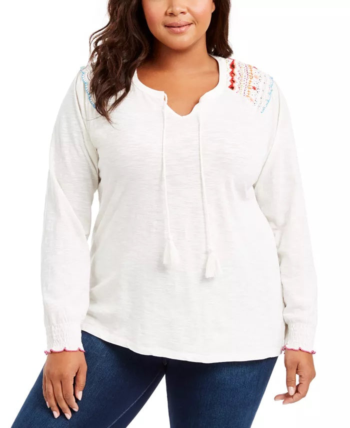 Style & Co Women's Plus Size Embroidered Cotton Tie-Neck Top White Size 1X