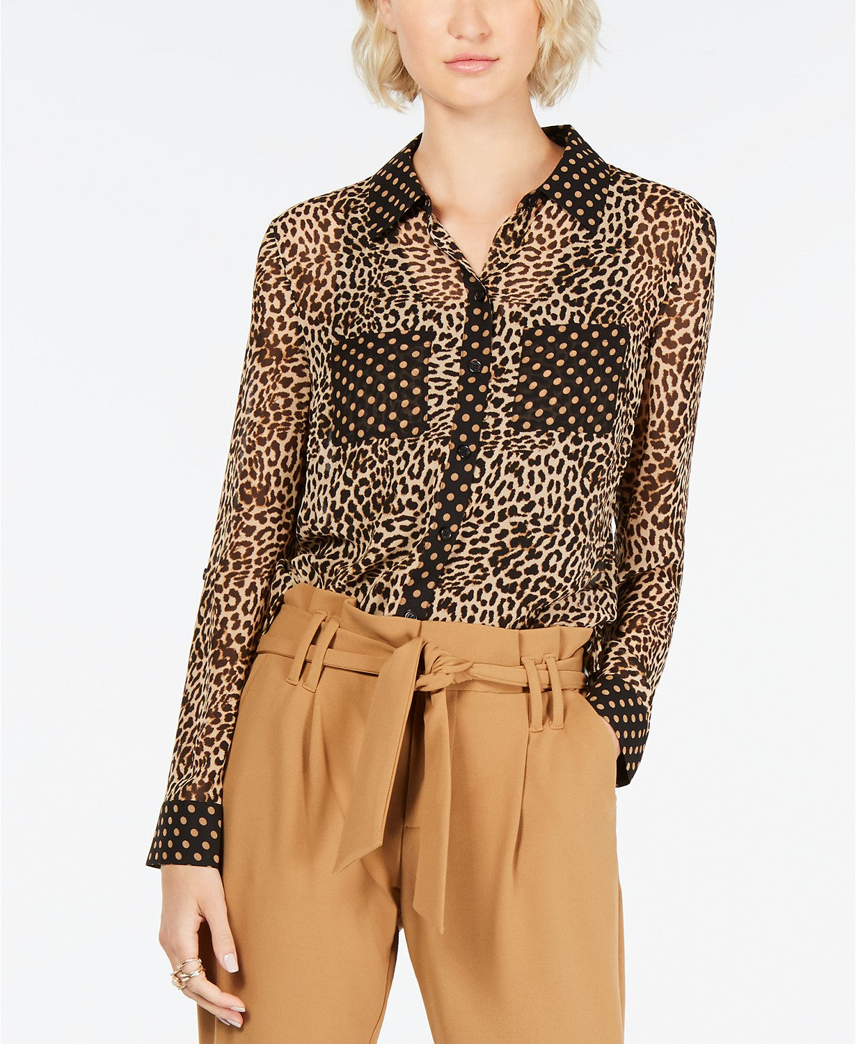 INC International Concepts Women's Leopard Dot Button-Up Shirt Gold Size Large