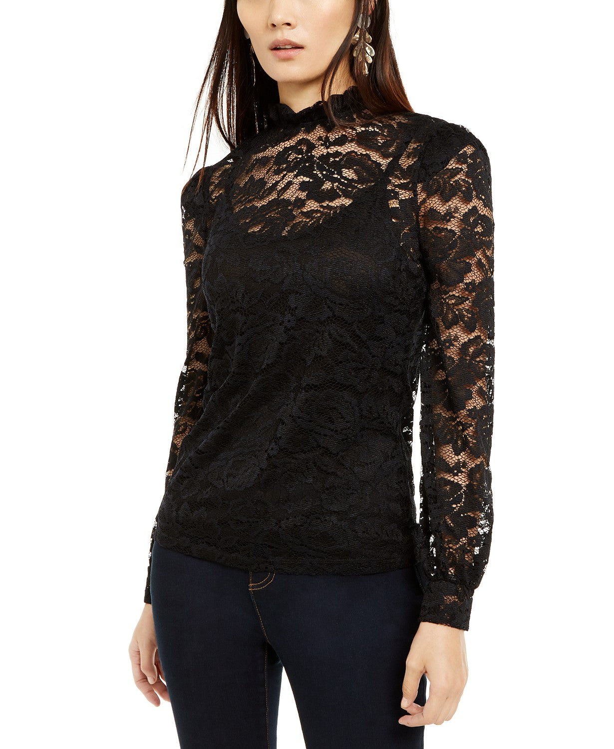 INC International Concepts Women's Petite Lace Mockneck Top Black Size Medium