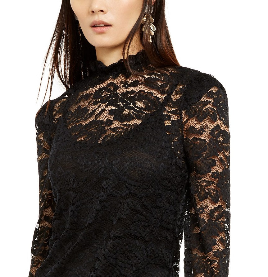 INC International Concepts Women's Petite Lace Mockneck Top Black Size Medium