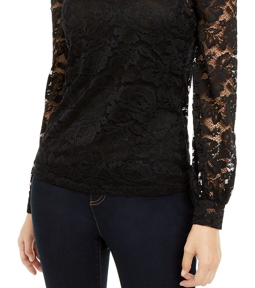 INC International Concepts Women's Petite Lace Mockneck Top Black Size Medium
