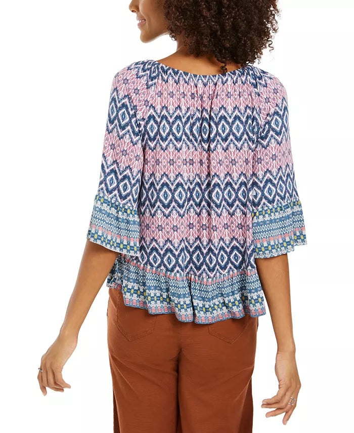 Style & Co Women's Printed On/Off-The-Shoulder Top Blue Size Large