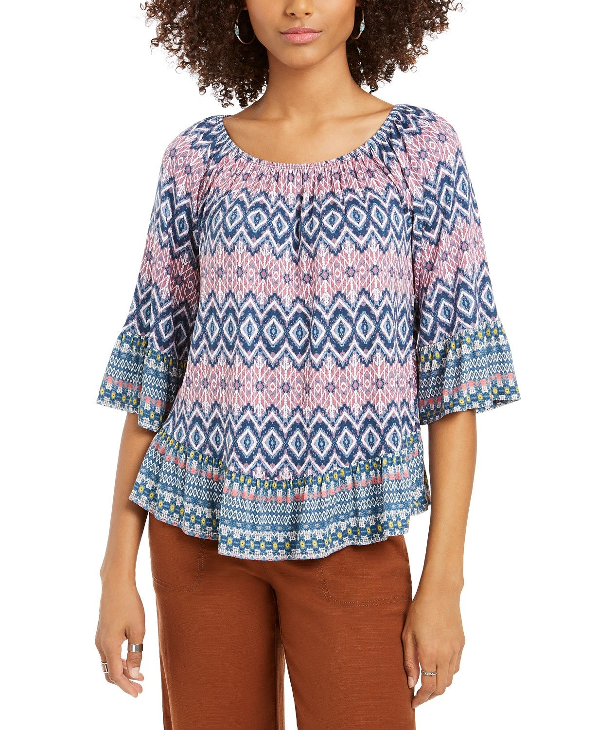 Style & Co Women's Printed On/Off-The-Shoulder Top Blue Size Extra Large