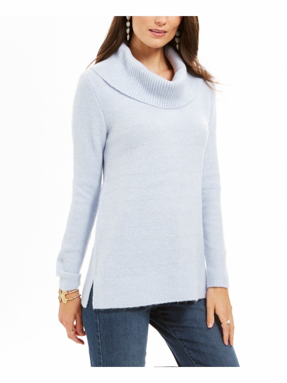 Style & Co Women's Lurex Cowl-Neck Sweater Blue Size X-Large