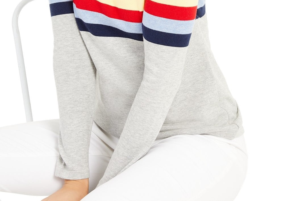 Charter Club Women's Shoulder Button Striped Sweater Silver Tin Cmb Size Extra Large