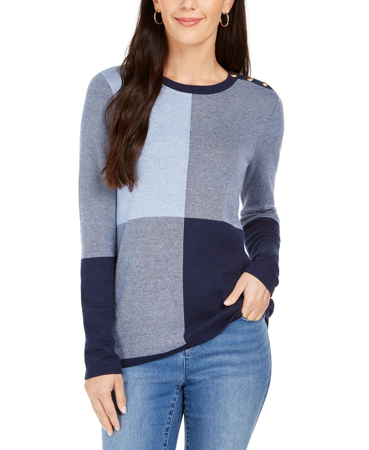 Charter Club Women's Colorblocked Button-Shoulder Sweater Blue Size Large