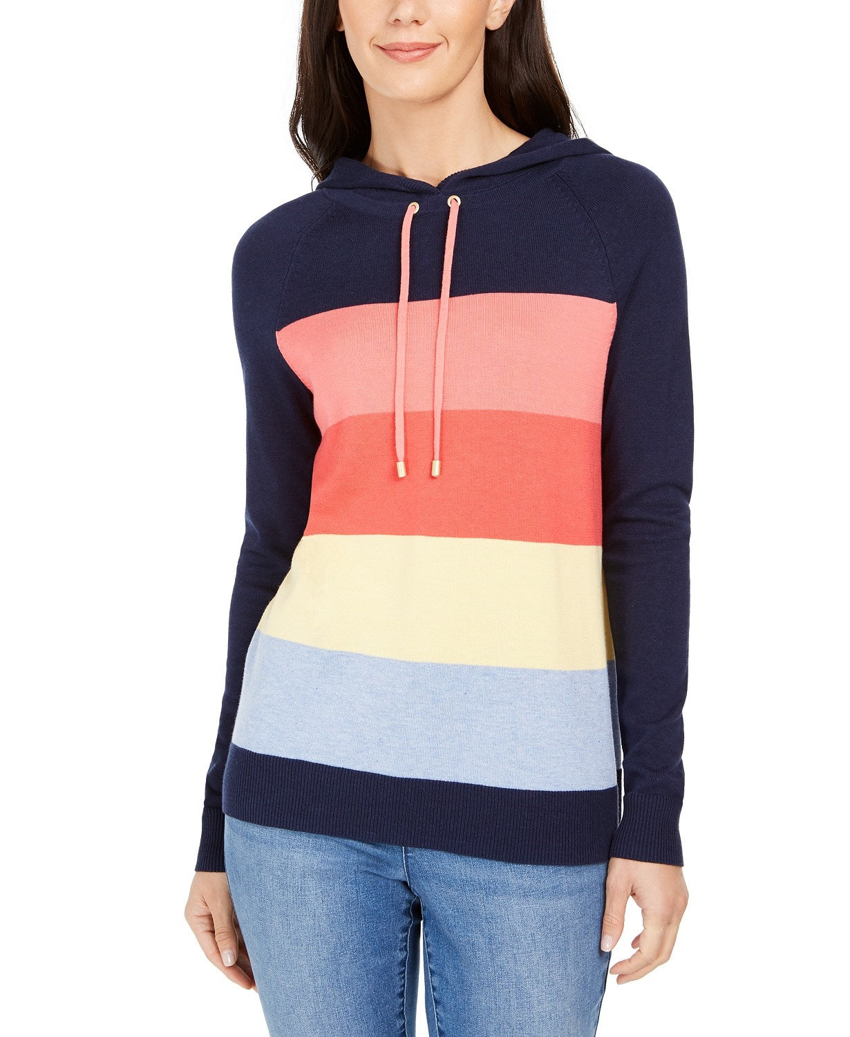 Charter Club Women's Striped Hooded Sweater Blue Size Medium