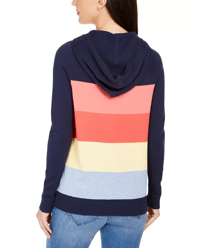 Charter Club Women's Striped Hooded Sweater Blue Size Medium