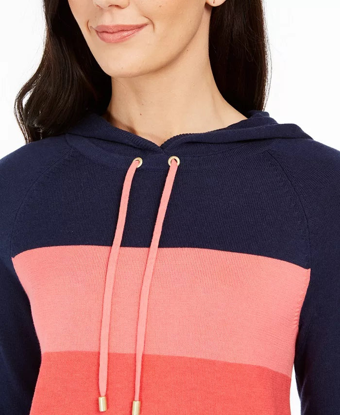 Charter Club Women's Striped Hooded Sweater Blue Size Medium