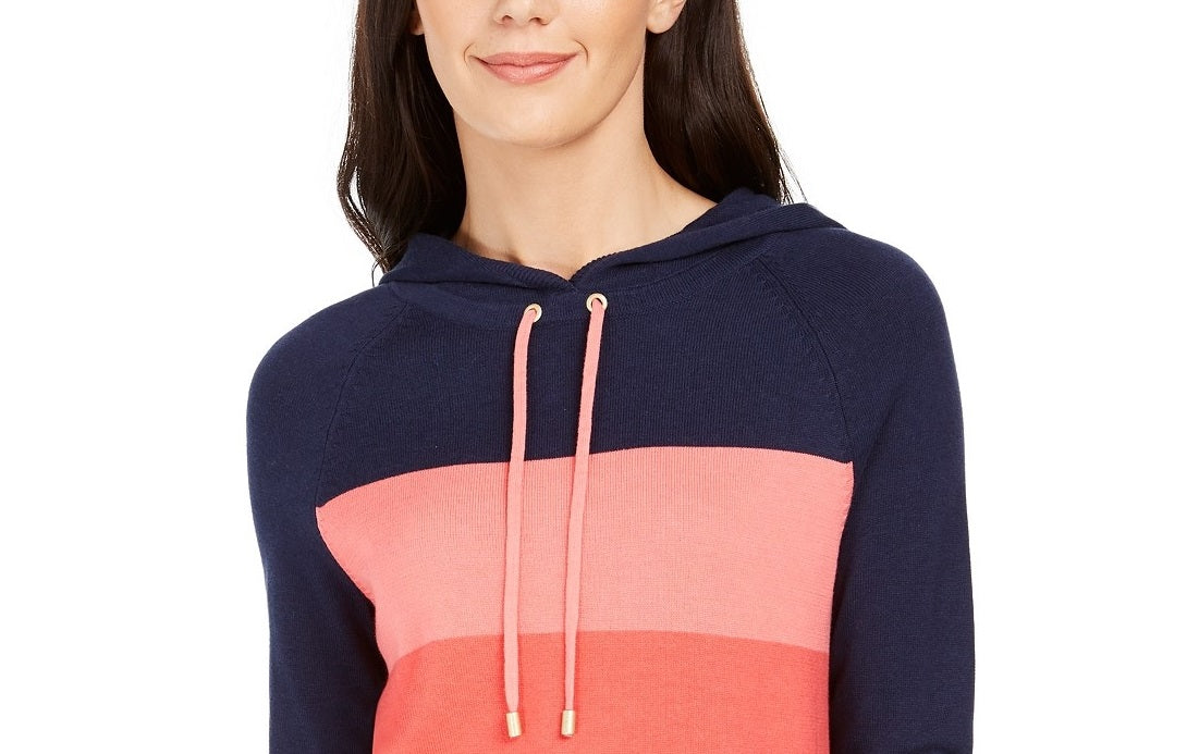 Charter Club Women's Striped Hooded Sweater Intrpd Blue Cmb Size Small
