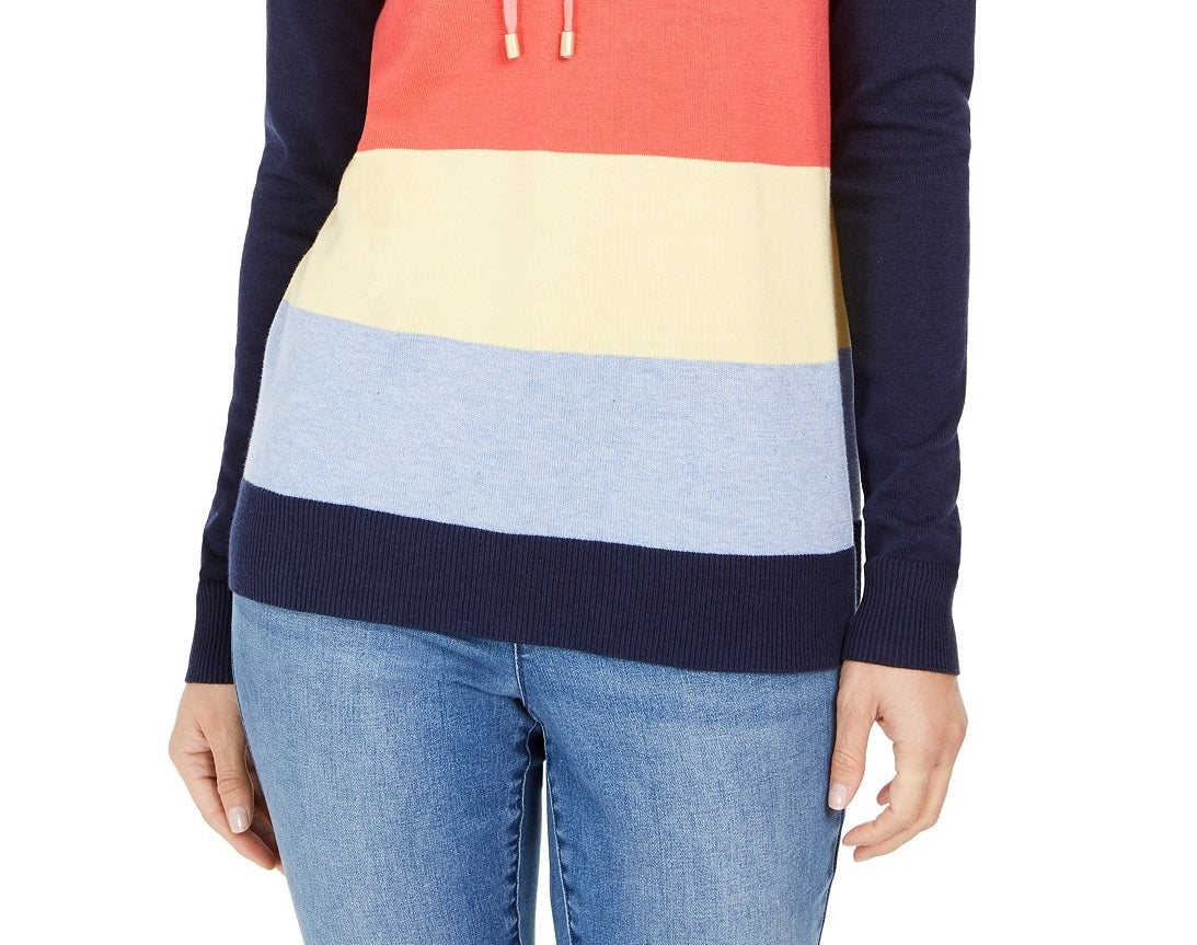 Charter Club Women's Striped Hooded Sweater Intrpd Blue Cmb Size Small