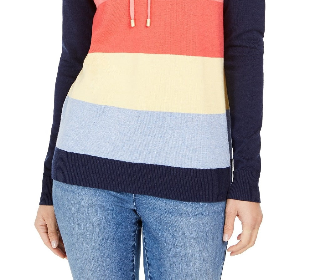 Charter Club Women's Striped Hooded Sweater  Intrpd Blue Cmb Size 2 Extra Large