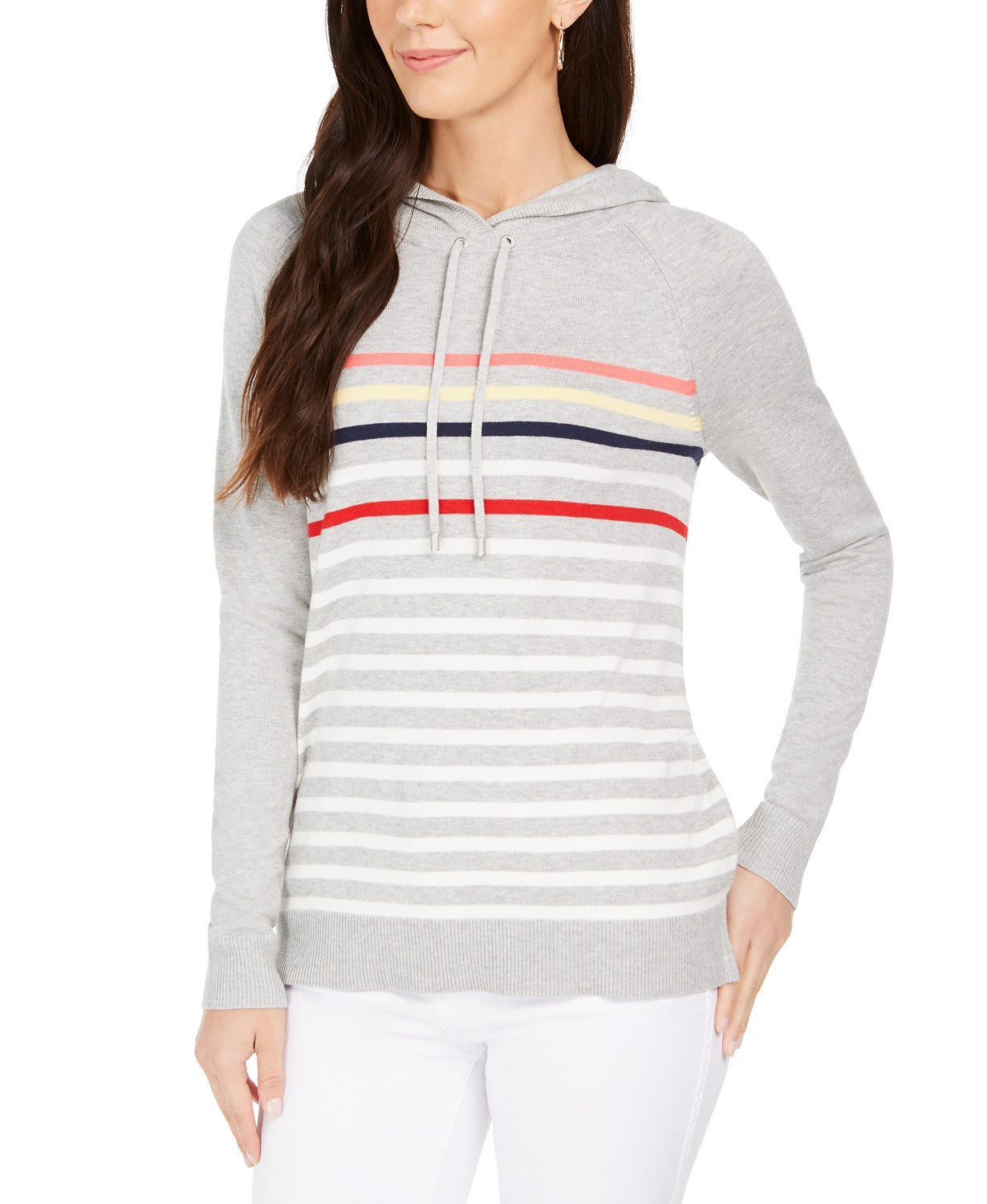 Charter Club Women's Striped Hooded Sweater Gray Size X-Large