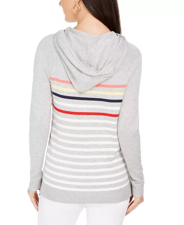 Charter Club Women's Striped Hooded Sweater Gray Size X-Small
