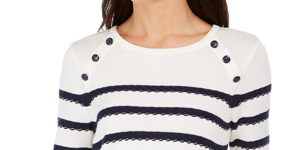 Charter Club Women's Button-Shoulder Striped Top White Size Small