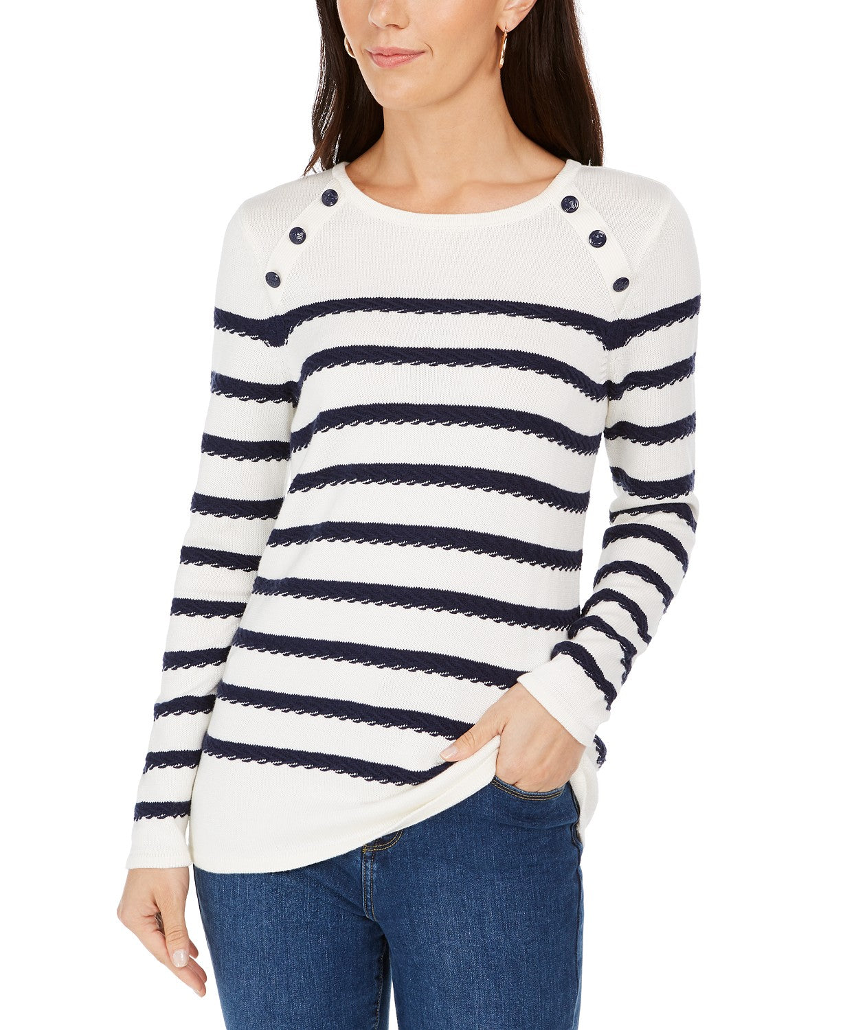 Charter Club Women's Button-Shoulder Striped Top White Size X-Large