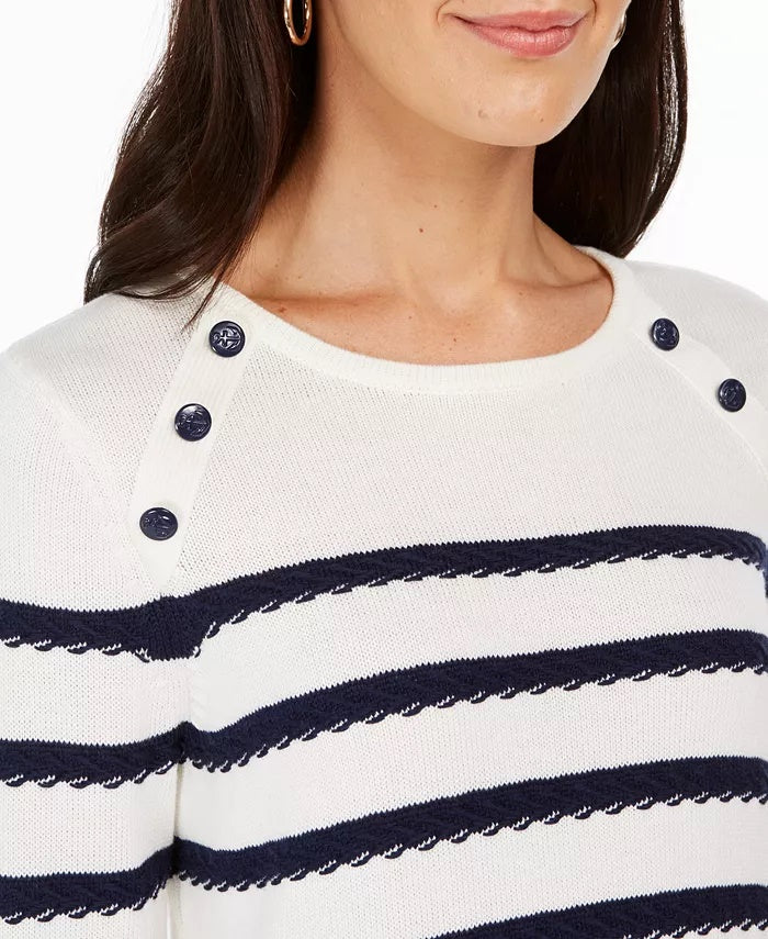 Charter Club Women's Button-Shoulder Striped Top White Size 2 Extra Large