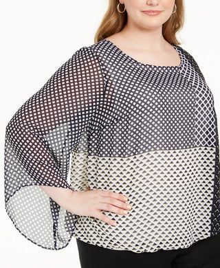 Alfani Women's Plus Size Printed Angel-Sleeve Bubble Top Navy Size 0X