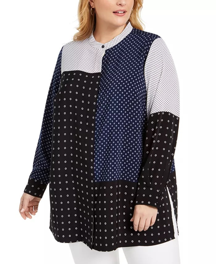 Alfani Women's Plus Size Mixed-Print Tunic Top Linear Rings Size OX