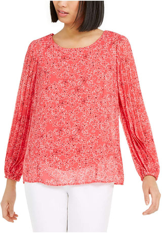 Alfani Women's Printed Pleated-Sleeve Top Pink Size Small