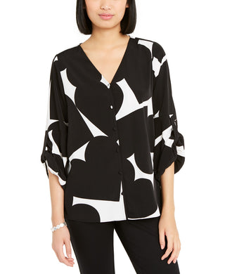 Alfani Women's Heart-Print Gathered-Sleeve Shirt Black Size Small