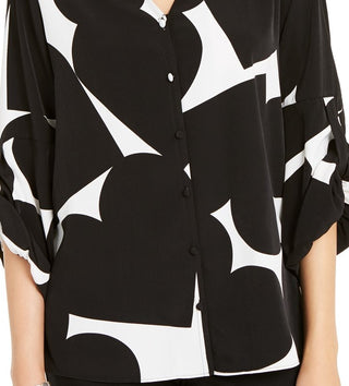 Alfani Women's Heart-Print Gathered-Sleeve Shirt Black Size Small