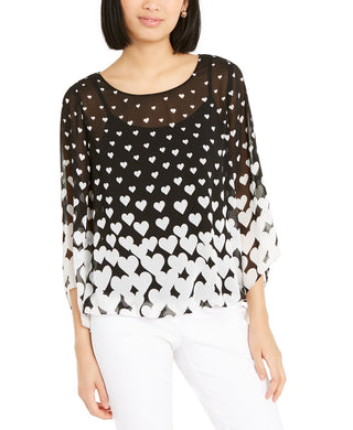 Alfani Women's Heart-Print Angel-Sleeve Top Black Size Large