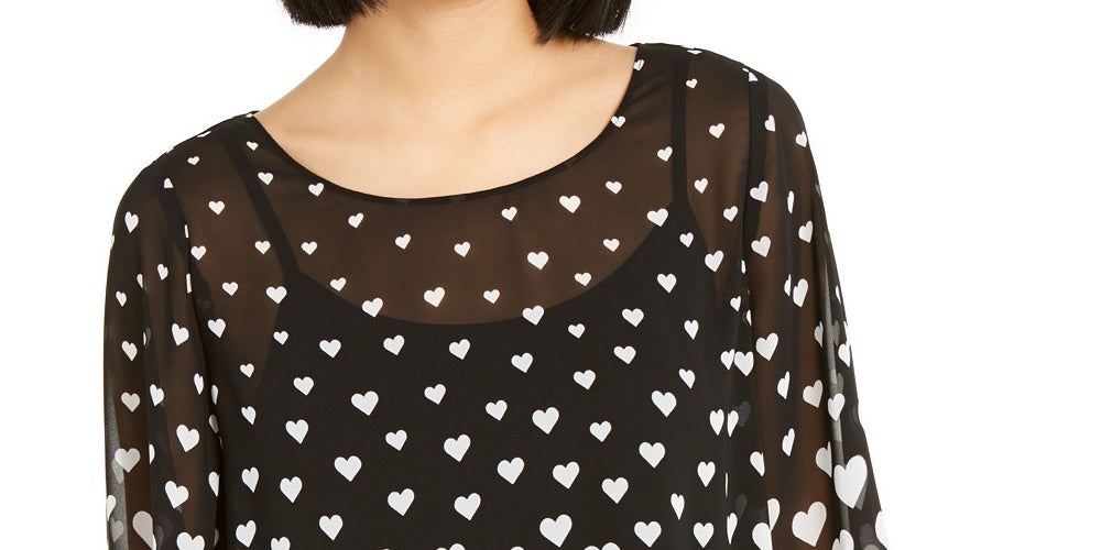 Alfani Women's Heart-Print Angel-Sleeve Top Black Size Large