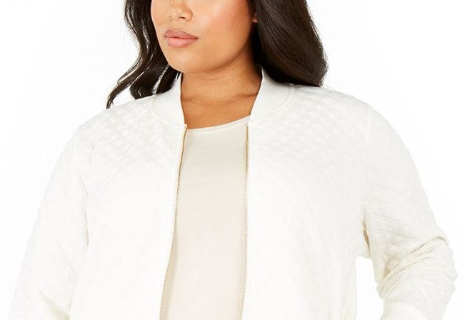 Charter Club Women's Textured Knit Bomber Jacket White Size Extra Large